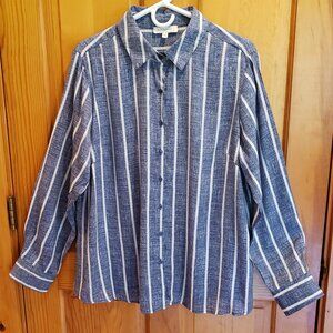 Blousology Women's Blue and White Stripe Long Sleeve Summer Shirt/Top; Size: 1X